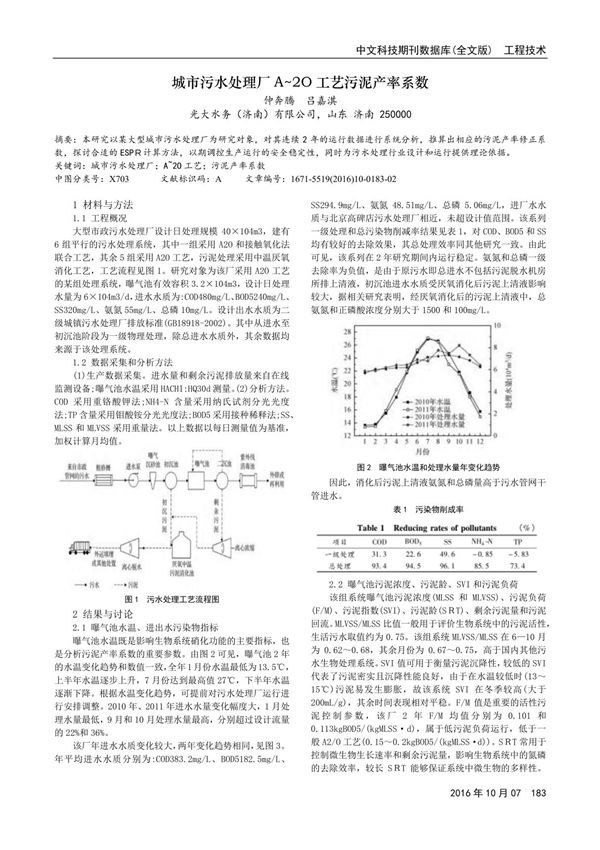 城市污水处理厂A-2O工艺污泥产率系数