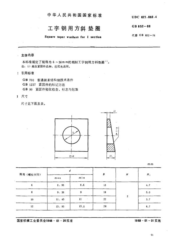 (国家标准) GB 852-1988 工字钢用方斜垫圈 标准