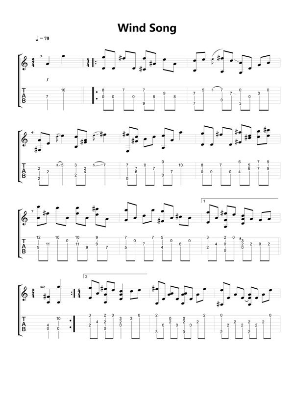 《风之诗 - Wind Song》简单版指弹吉他谱