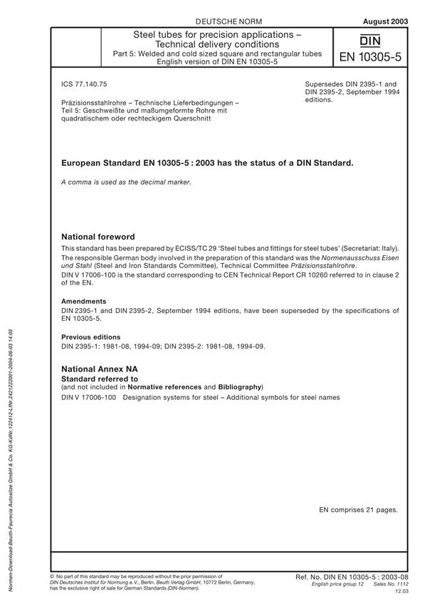 DINEN10305-5 Supersedes DIN2395-1, -2 08012003