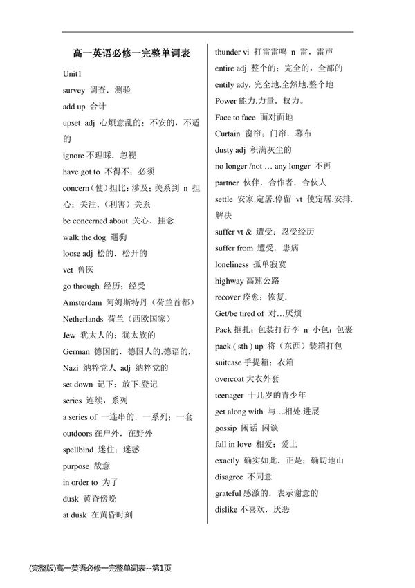 (完整版)高一英语必修一完整单词表