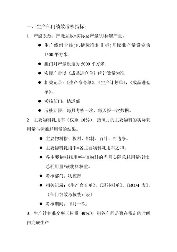生产部门绩效考核指标