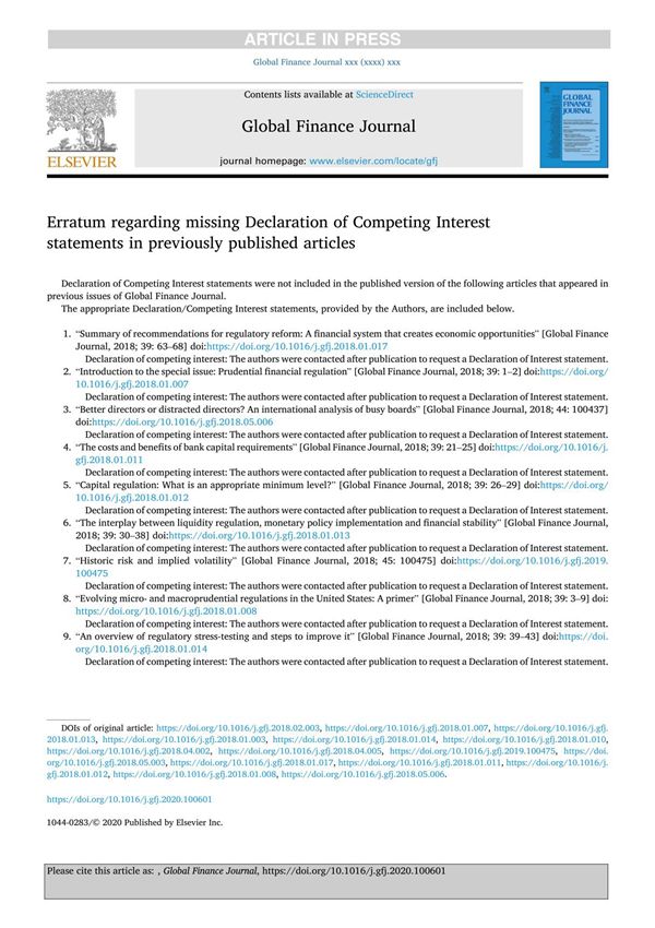 Erratum regarding missing Declaration of Competing Interest statements in previously published articles