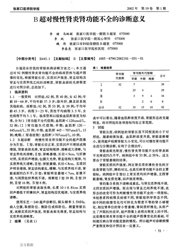 B超对慢性肾炎肾功能不全的诊断意义