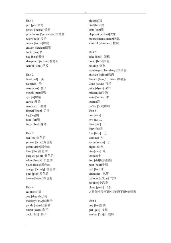 人教版小学一至六年级英语单词汇总表