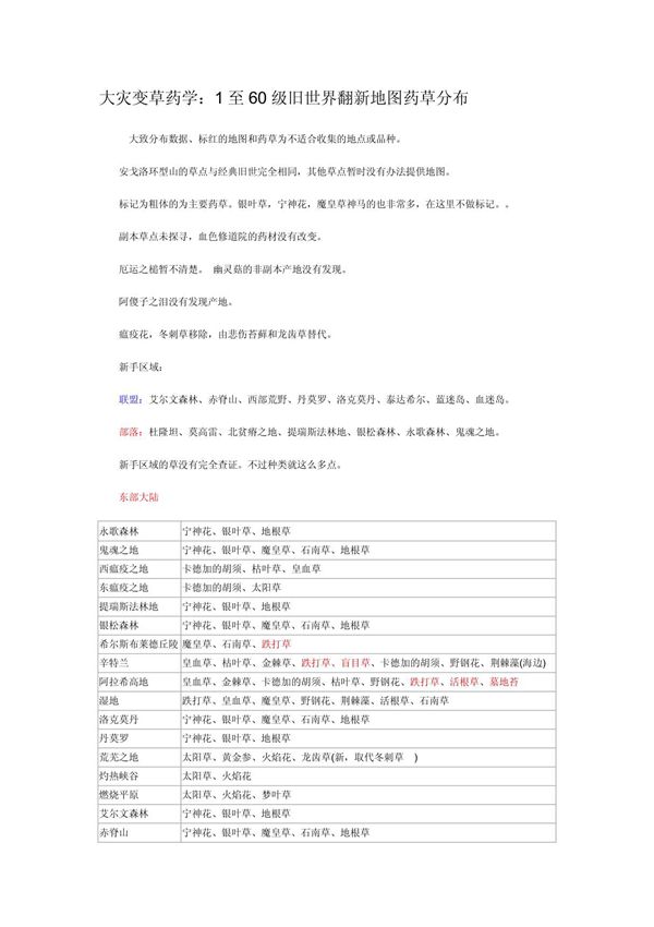 魔兽世界大灾变专业攻略 草药学 1至60级旧世界翻新地图药草分布