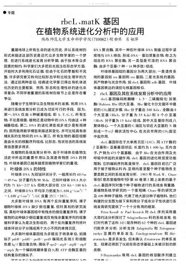 rbcL matK基因在植物系统进化分析中的应用