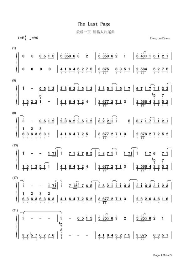 钢琴谱 最后一页-熊猫人片尾曲 双手简谱 共3张(全)