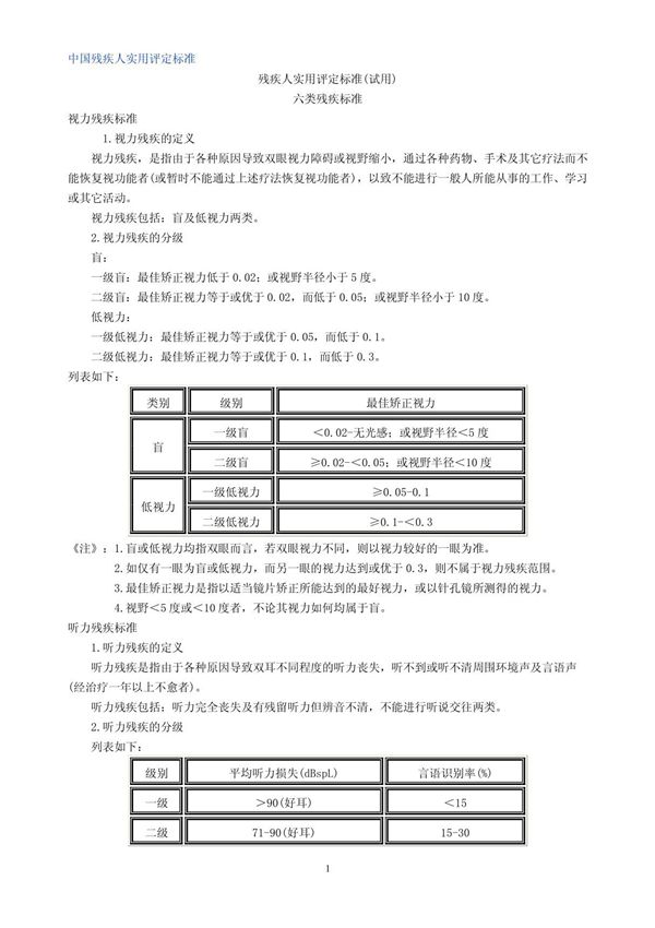 中国残疾人实用评定标准