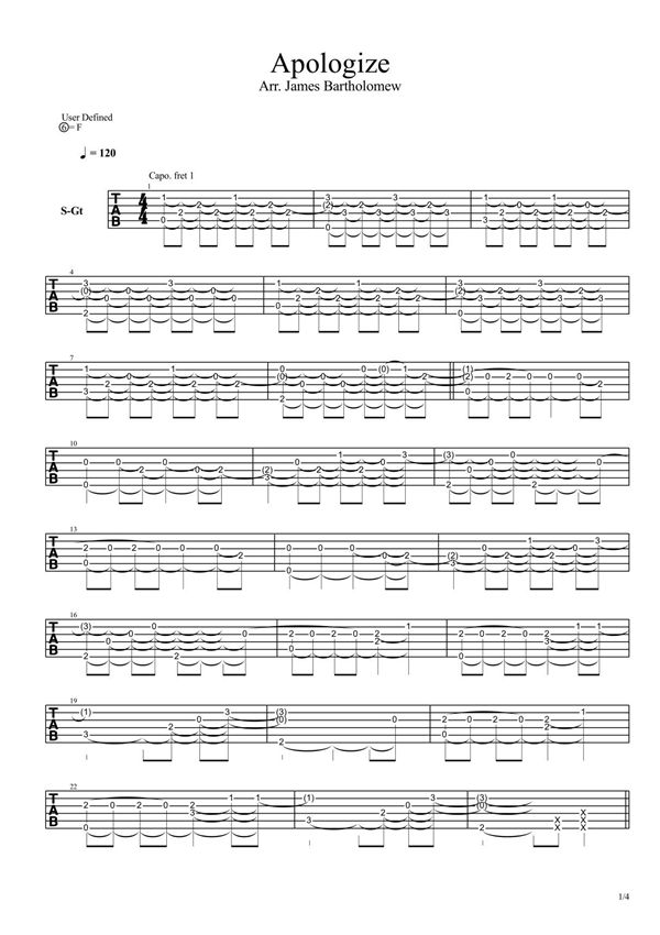 Apologize指弹吉他谱