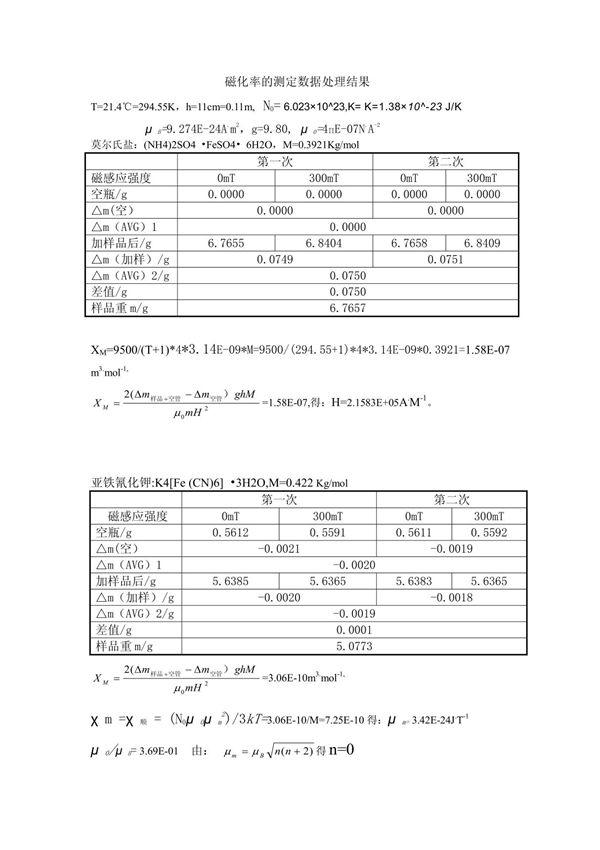 磁化率的测定数据处理