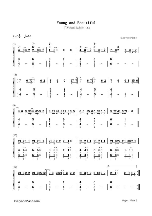 钢琴谱 Young and Beautiful-了不起的盖茨比 OST-Lana Del Rey 双手简谱 共2张(全)