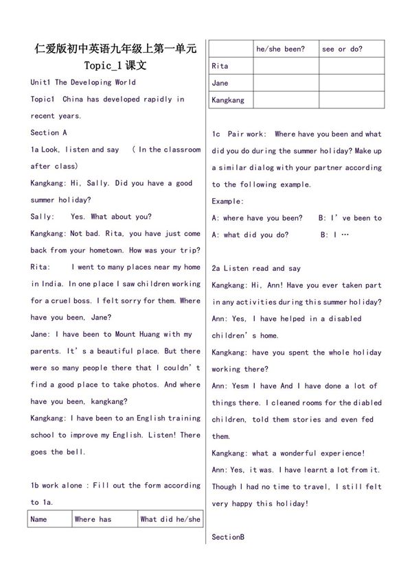 仁爱版初中英语九年级上第一单元课文