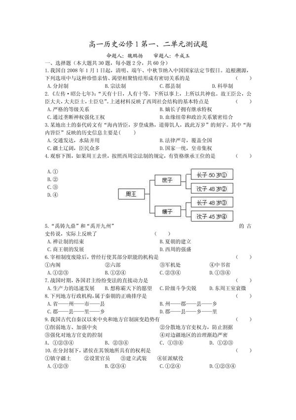 高一历史必修1第一 二单元测试题