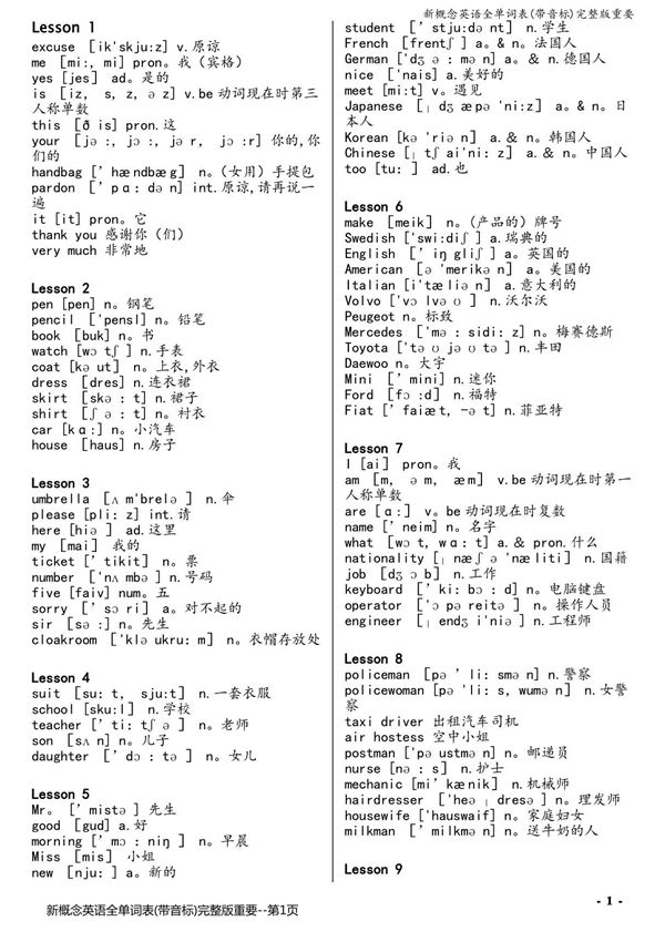 新概念英语全单词表(带音标)完整版重要