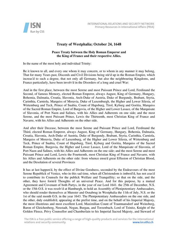 treaty of westphalia威斯特伐利亚条约