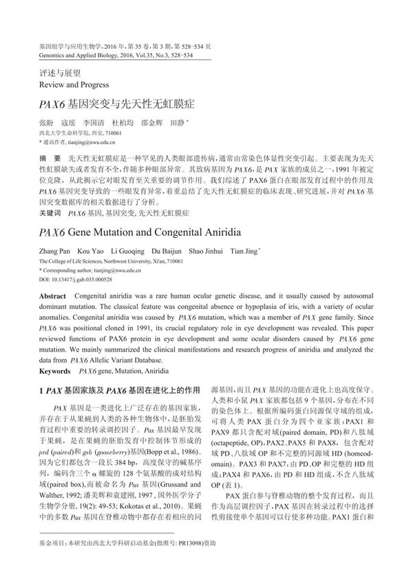 PAX6基因突变与先天性无虹膜症
