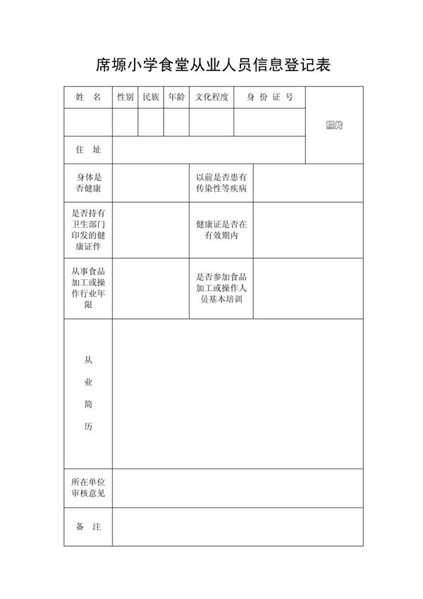 食堂从业人员信息登记表
