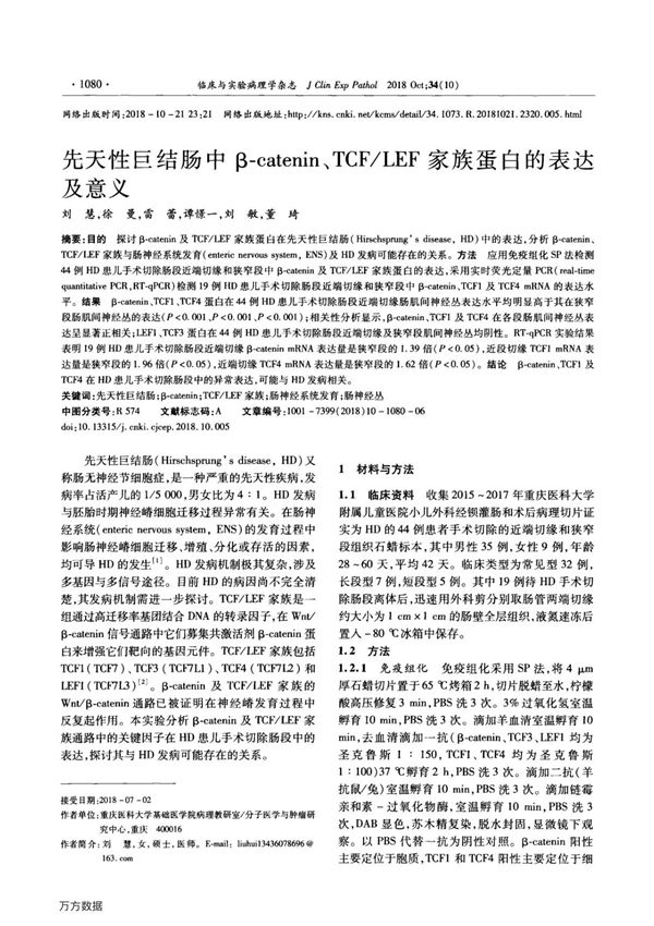 先天性巨结肠中β-catenin  TCF-LEF家族蛋白的表达及意义