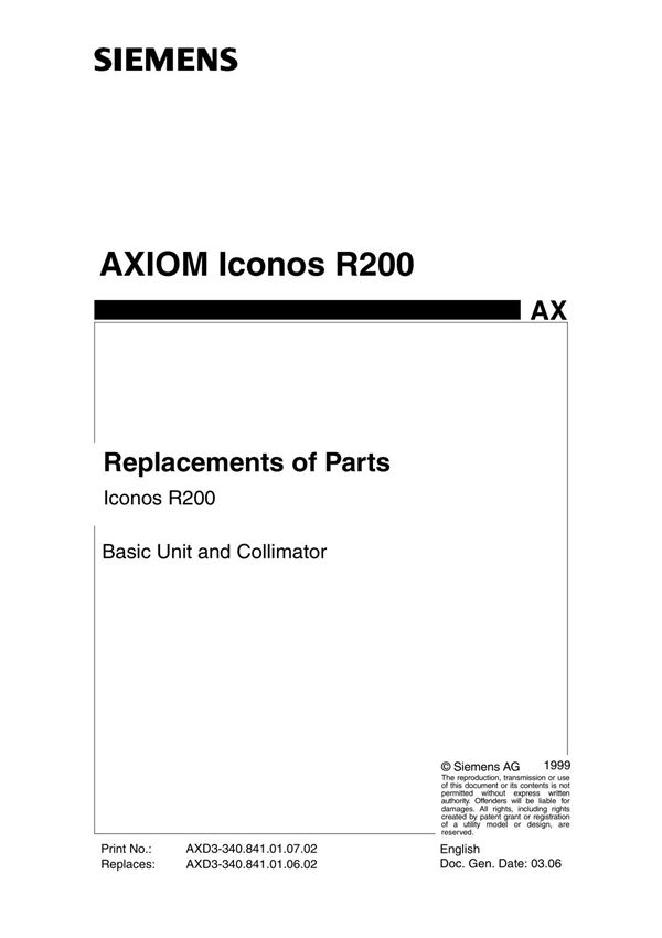 8.ICONOS R200 Replacement Siemens ICONOS R200 肠胃拍片机维修手册(英文)