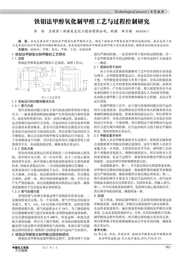 铁钼法甲醇氧化制甲醛工艺与过程控制研究