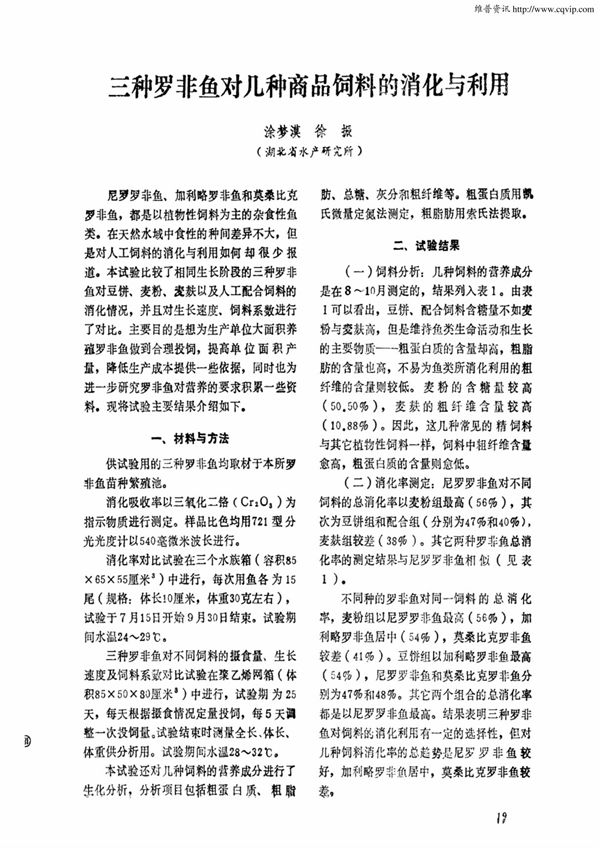 三种罗非鱼对几种商品饲料的消化与利用(1)