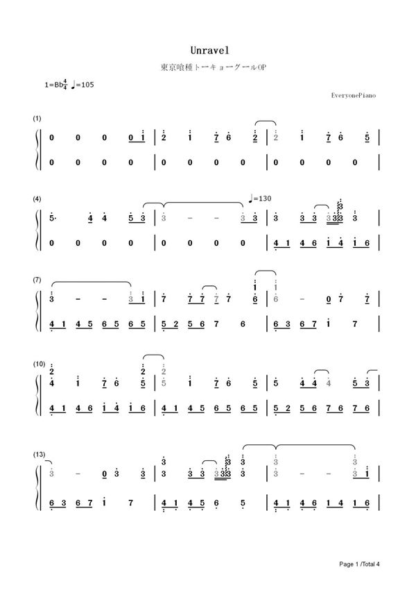钢琴谱 Unravel-东京喰种OP 双手简谱 共4张(全)