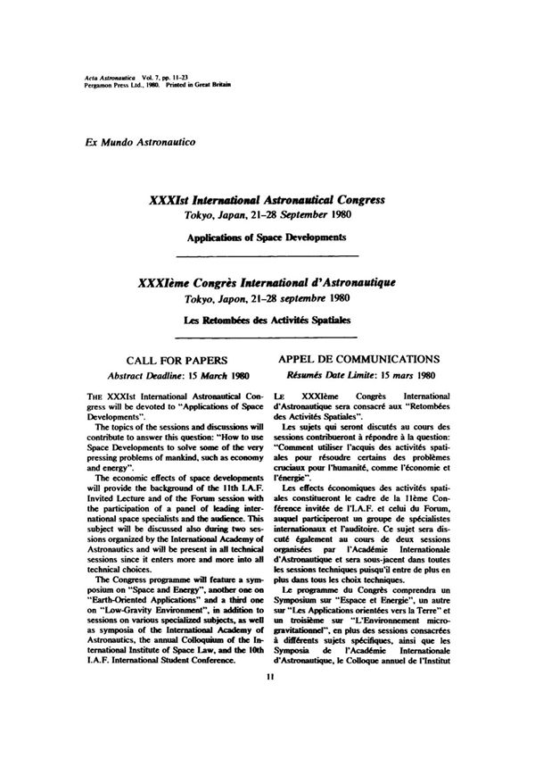 XXXIst international astronautical congress Tokyo, Japan, 21–28 September 1980 Applications of space developments