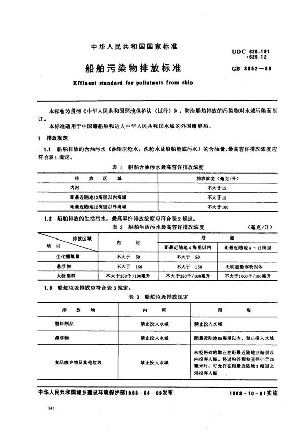 船舶污染物排放标准 标准 GB 3552-1983
