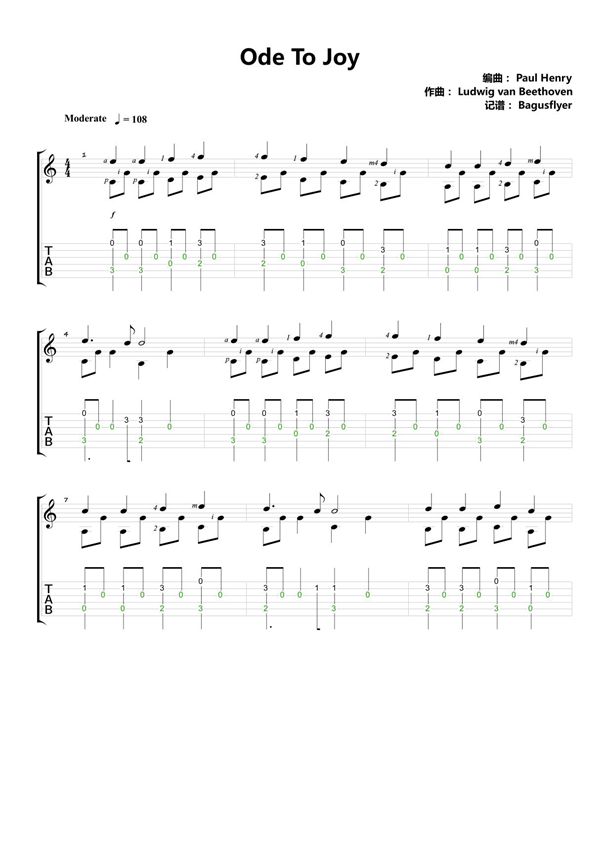 贝多芬《欢乐颂 - Ode To Joy》简单版吉他独奏谱
