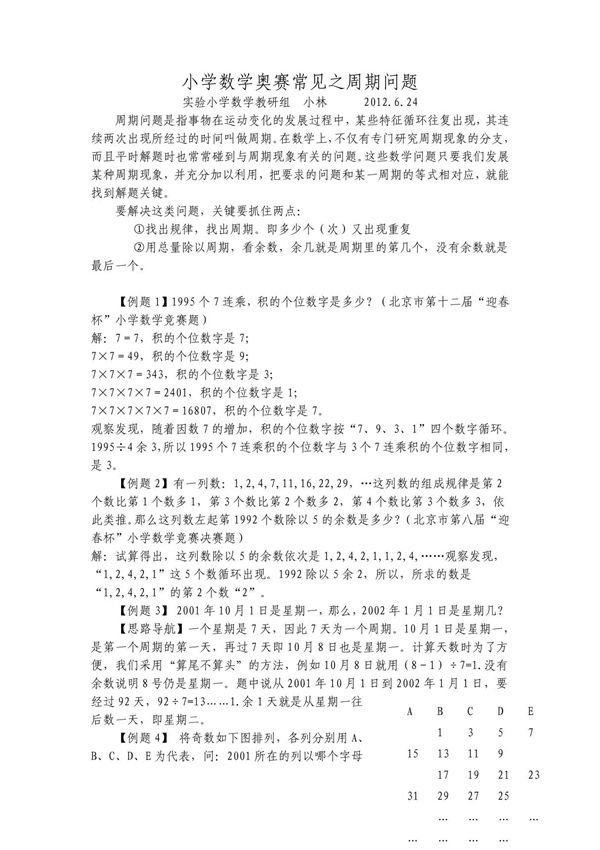 小学数学奥赛常见之周期问题