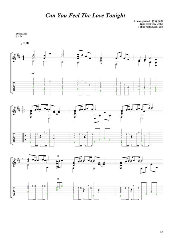 竹内永和《Can You Feel The Love Tonight》指弹吉他谱