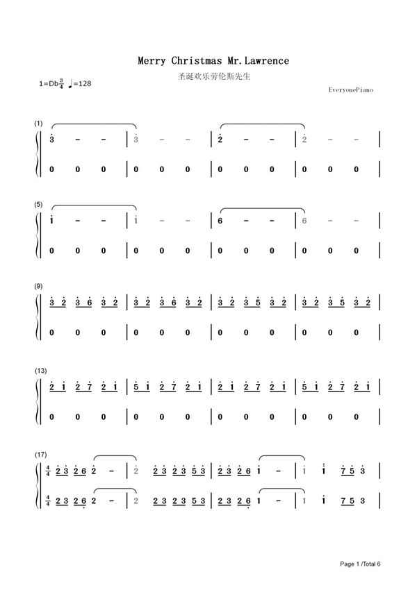 钢琴谱 Merry Christmas Mr Lawrence-圣诞快乐劳伦斯先生原声音乐 双手简谱 共6张(全)