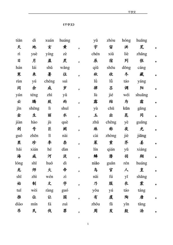 《千字文》全文带拼音精校打印版