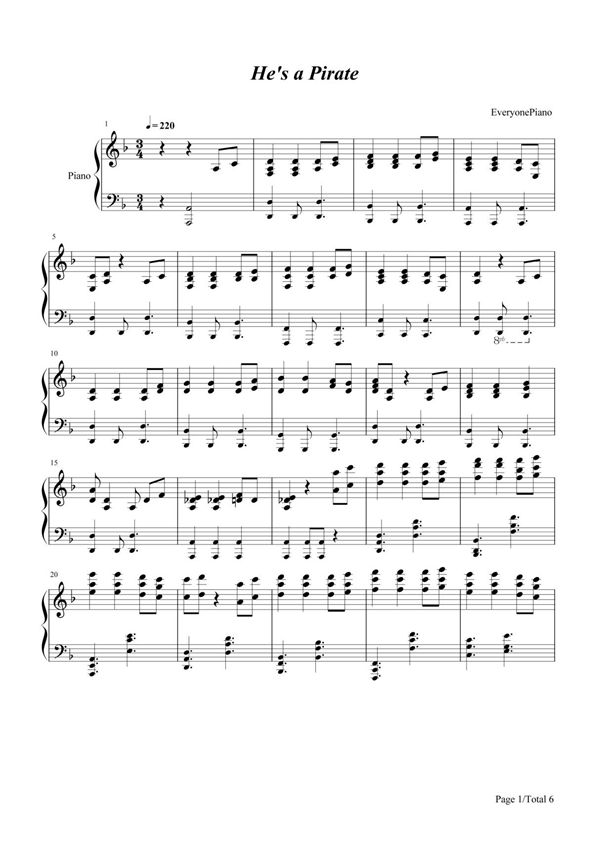 钢琴谱 He is a Pirate-加勒比海盗主题曲 五线谱 共6张(全)