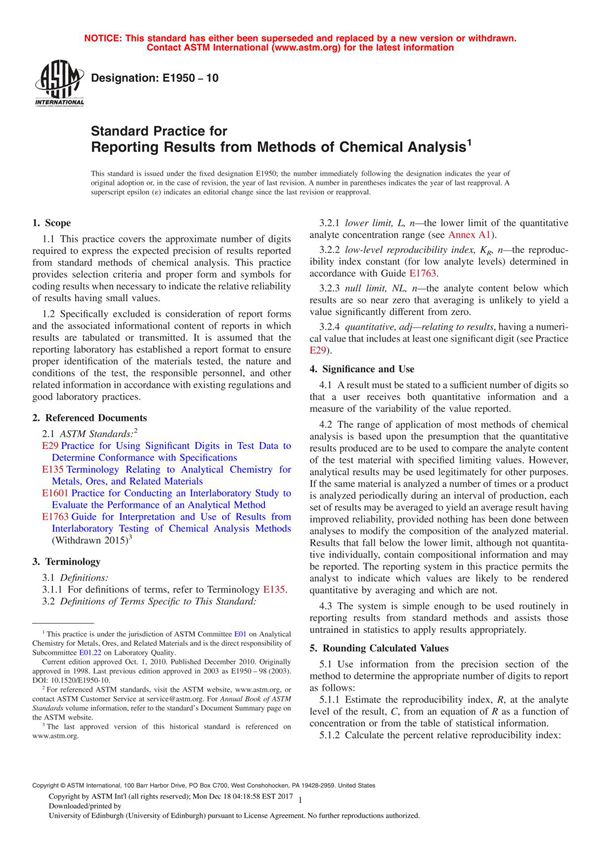 Standard Practice for Reporting Results from Methods of Chemical Analysis(ASTM E1950-10)