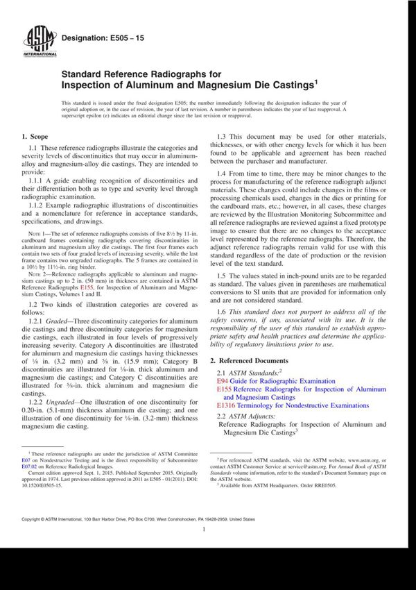 ASTM E505-2015 标准 图谱X光片检测压模铝铸件和镁铸件的参考射线底片