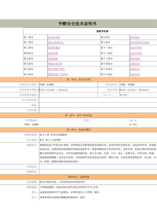 甲醇MSDS