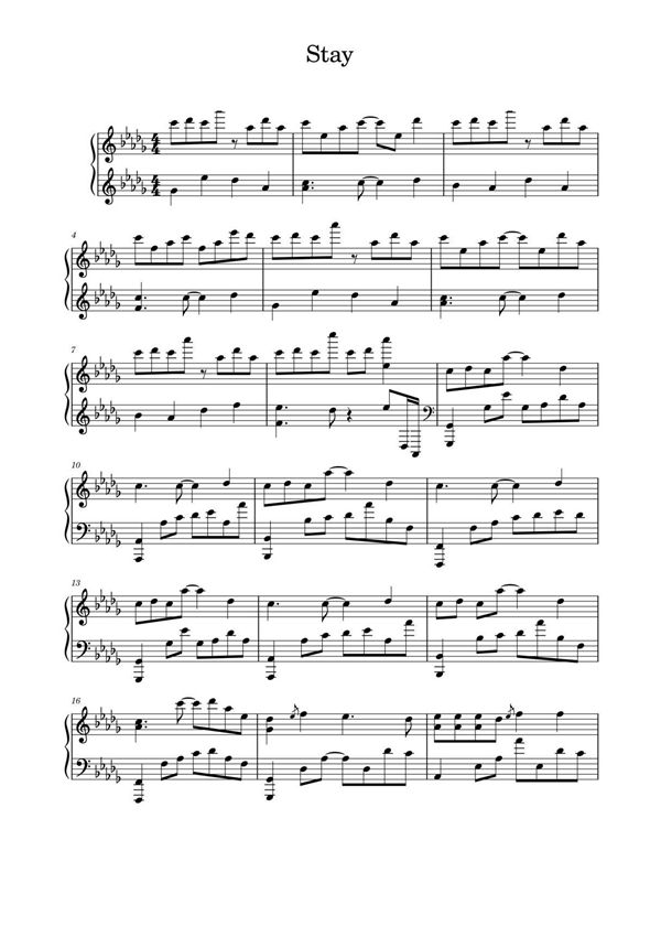 《Stay》完整版高燃炫技钢琴谱-Justin Bieber钢琴曲谱双手数字简谱
