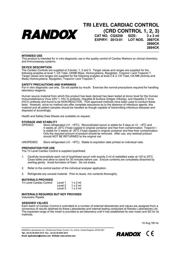 朗道RANDOX 心肌质控-1 2 3 靶值单