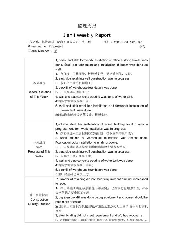 不错的监理周报范本