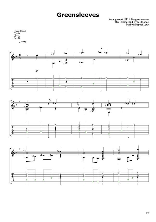 Ulli版《绿袖子 - Greensleeves》吉他谱