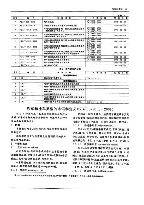 汽车和挂车类型的术语和定义(GB/T3730.12001)