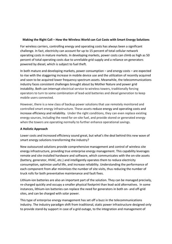 无线如何通过智能能源解决方案降低成本 Making the Right Call – How the Wireless World can Cut Costs with Smart Energy Solution