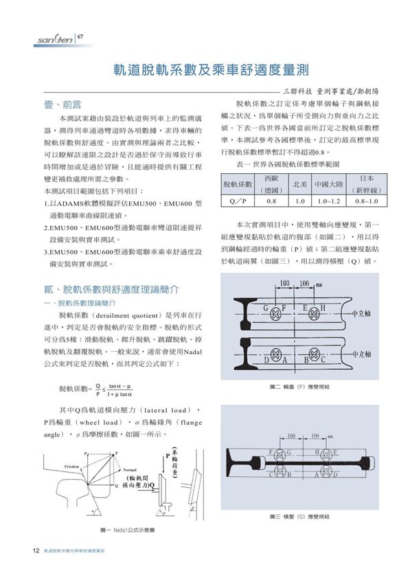 轨道脱轨系数及乘车舒适度量测