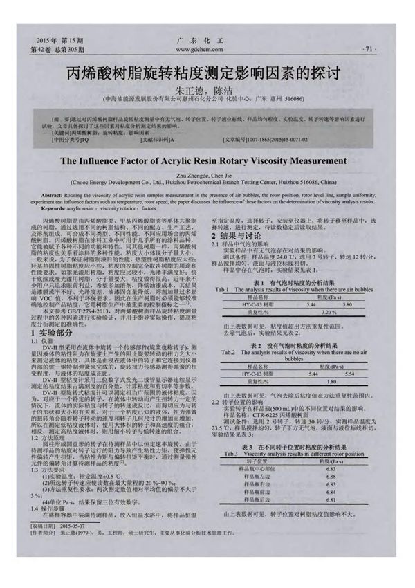 丙烯酸树脂旋转粘度测定影响因素的探讨