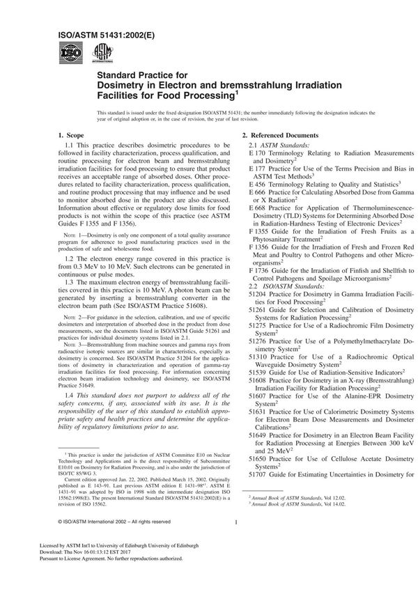 ISO ASTM51431 - 02 Standard Practice for Dosimetry in Electron and bremsstrahlung Irradiation Facilities for Food Processing