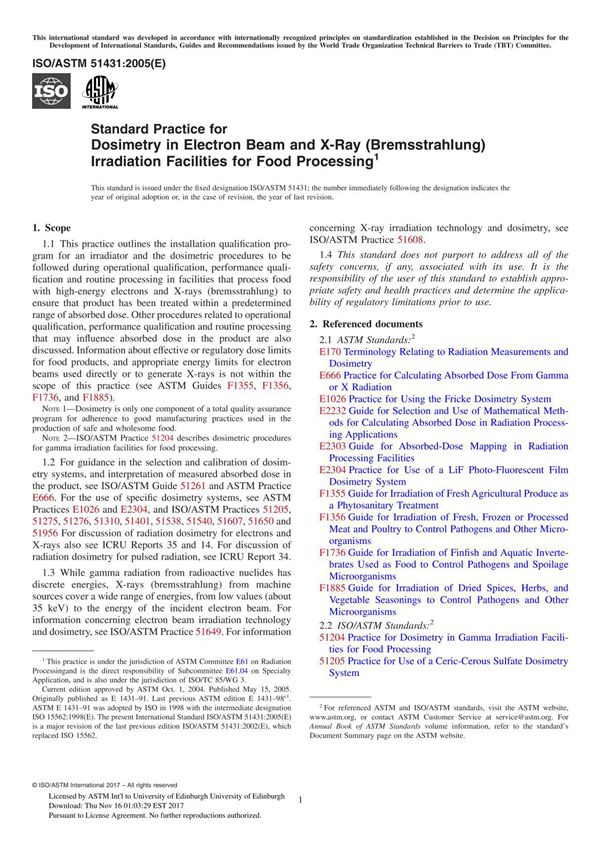 ASTM ISO ASTM 51431-05 Standard Practice for Dosimetry in Electron Beam and X-Ray (Bremsstrahlung) Irradiation Facilities for Fo