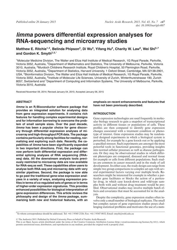 limma powers differential expression analyses for RNA-sequencing and microarray studies