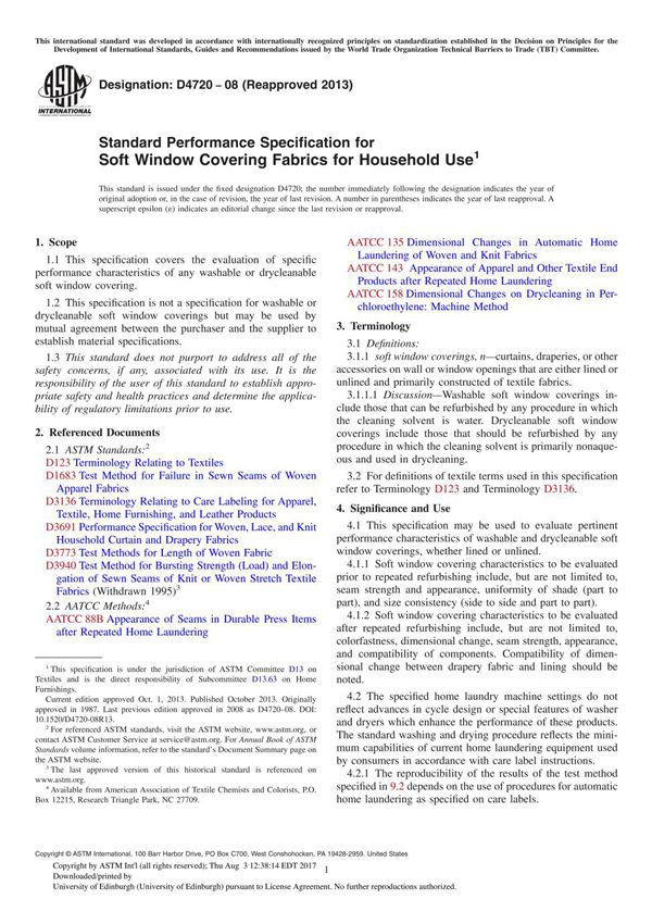 ASTM D4720 08 (Reapproved 2013) Standard Performance Specification for Soft Window Covering Fabrics for Household Use1